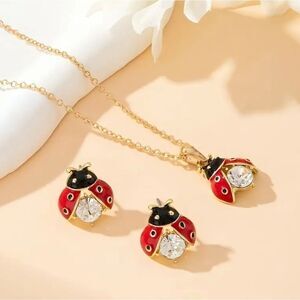 14K Gold Plated Lady Bug Necklace & Stud Earrings Set